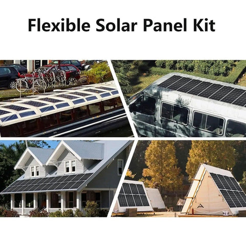 1000W Flexible Solar Panel Kit With Two 500W Panels 40A Controller And Accessories Monocrystalline Photovoltaic Panels displayed on vehicles, house, and tent.