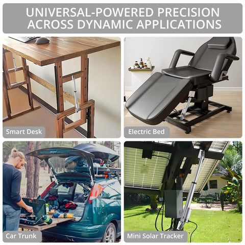 Universal-powered 12V Linear Actuator, 160 Lbs, 750N, 8 Inch 200 mm Travel, shown in smart desk, electric bed, car trunk, solar tracker