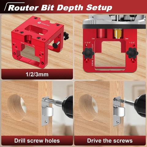 Heavy Duty Precision Aluminum Door Latch And Strike Plate Mortise Tool And Router Template Jig showing router bit depth setup.