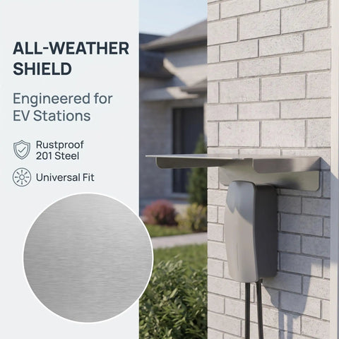 Heavy Duty Stainless Steel EV Charger Raincover Weather Resistant Charging Station Hood mounted on wall with EV charger.