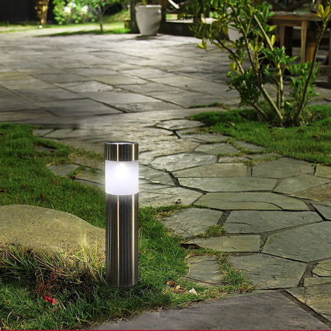 Six Pack Solar Bollard Path Lights Outdoor Stainless Steel Warm White LED Landscape Lighting For Backyard Lawn Patio Waterproof Durable Silver Finish With Easy Ground Install on stone path at night