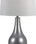 Sleek Modern Table Lamp With Metallic Pewter Finish, 30 Inch Tall, 16 Inch Diameter Tapered Drum Shade, Contemporary Glam Vibe Nightstand