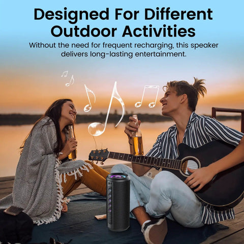 Two people enjoying music outdoors with Portable Bluetooth Speaker With Bluetooth 5.4, 20W HD Loud Stereo Sound next to them.