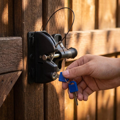 Close-up of TEHAUX 1Set Key Lockable Two Sided Gate Latch for Wooden Fence w Pull Cord being unlocked with blue keys.