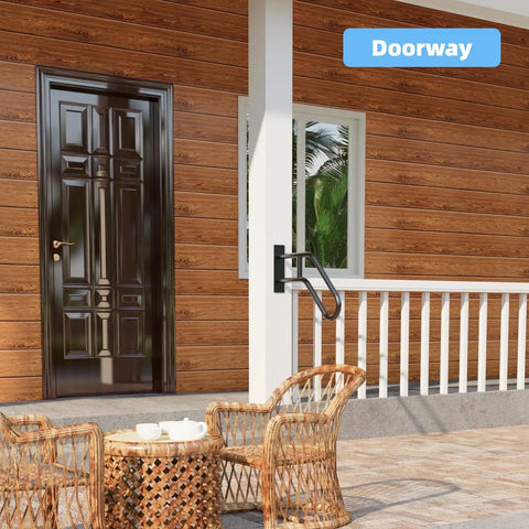 Outdoor Stair Handrail Wall Mount for 1 to 3 Steps, U-Shaped Matte Black Rail, 26 Inch Length on a porch with wicker seating