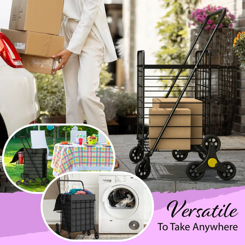 Stair Climbing Shopping Cart With Waterproof Basket Liner And 360 Degree Swivel Wheels beside loaded with boxes