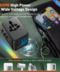 Your Go To 70W Travel Power Adapter Universal Worldwide Plug With Type A And C beside a smartphone on a green surface.