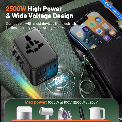 Your Go To 70W Travel Power Adapter Universal Worldwide Plug With Type A And C beside a smartphone on a green surface.