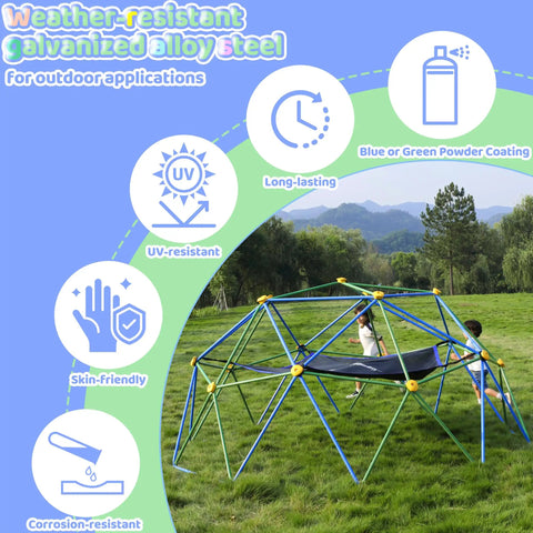 10 Foot Climbing Dome With Hammock For Kids Outdoor Jungle Gym Metal Climber Supporting 880 Lbs in park setting, blue and green