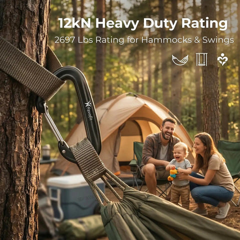 Built Tough Ultra Strong 12kN Carabiner Clips 3.2 Inch Aluminum for Hiking and Hammocks next to family camping in forest