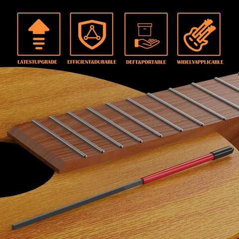 Front view of a red-handled double-sided fret file resting on a guitar fretboard, metal blades for crowning ends