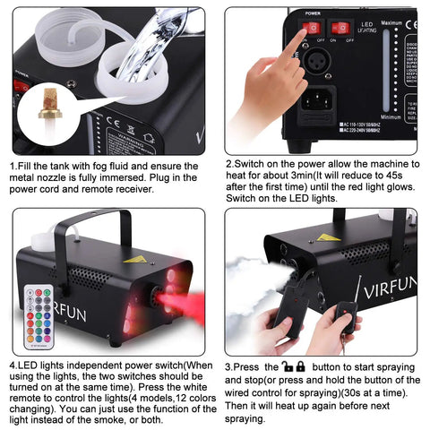 All In One Fog Machine With 6 LED Lights And 12 Color Effects, Wireless And Wired Remote Control, 500ml Tank, usage instructions