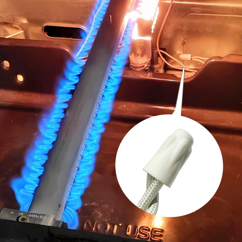 Dicio porcelain wire connector close-up: white ceramic cap on braided heat-resistant wire for oven use