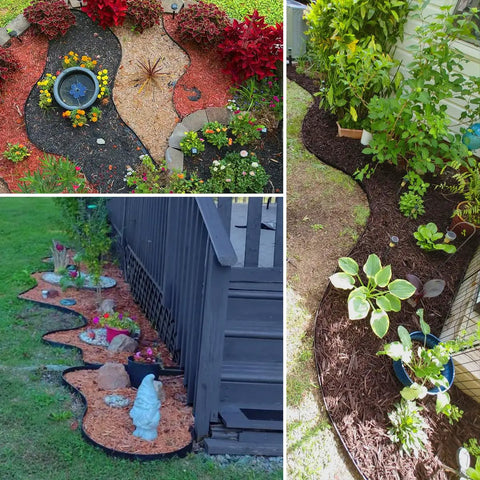 Durable Flexible Landscape Edging Border Kit 49 Feet Long 3 Inch High With 75 Metal Stakes HDPE in garden use, defining flower beds.