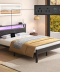 Queen Size Bed Frame With Built In Storage Headboard And Glow Up LED Lighting Featuring Dope Integrated Charging Hub With UL Certified Outlets Usb Type C Ports For Your Fresh Night Owl Bedroom Setup Black showing USB charging hub and LED lighting.