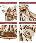 DIY Wooden Catapult Kit 3D Puzzle for Adults and Kids With Wheels and Gears Ballista Model Building Kit 142 Parts With Step by Step How To Guide Hands On STEM Gift for Boys and Girls close-up of firing trigger and gear mechanisms