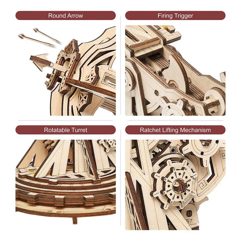 DIY Wooden Catapult Kit 3D Puzzle for Adults and Kids With Wheels and Gears Ballista Model Building Kit 142 Parts With Step by Step How To Guide Hands On STEM Gift for Boys and Girls close-up of firing trigger and gear mechanisms
