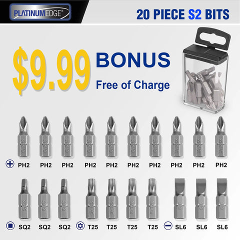 Display of 20-piece S2 bits with pricing and bonus offer in clear case, part of 276 Piece Titanium Heavy Duty Twist Drill Bit Set With S2 Bits 135 Degree Point High Speed Steel For Wood Metal Plastic Fiberglass Sizes From One Sixteenth Inch To One Half Inch In A Clear Lid Case.