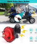 Universal 12 Volt Golf Cart Horn Kit with hand press steering switch visible on golf cart, includes wiring harness.
