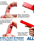 Instructions for replacing flints on 2-In-1 Pistol Rock Style Flint Striker with 12 Flints for welding torch and camping stove.
