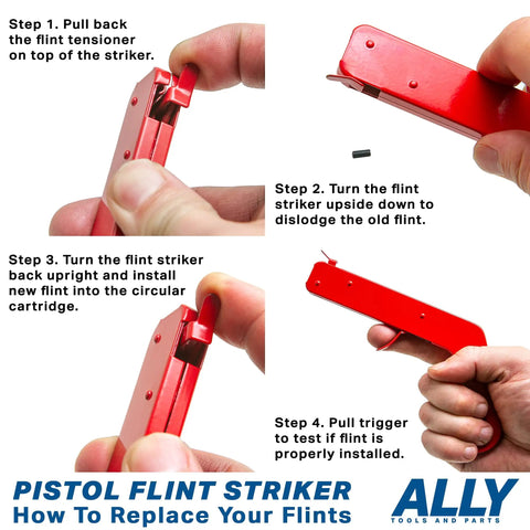 Instructions for replacing flints on 2-In-1 Pistol Rock Style Flint Striker with 12 Flints for welding torch and camping stove.