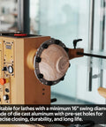 Lathe Chuck Jaws Set With Cole Jaws, 10 Inch And 5 Inch Extensions on lathe with wood bowl, die-cast aluminum, tool close-up