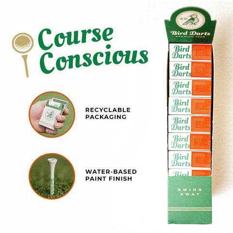 Display of Bird Darts boxes, focus on recyclable packaging, highlights water-based paint, related to Premium Bamboo Golf Tees In Cigarette Style Pack