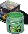 Green Pearl Mica Powder For Resin And Nails 2 Oz Shimmering Pearlescent Pigment displayed in open jar with black lid and colorful box