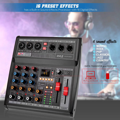 DJ Audio Mixer Pro 3 Channel Controller With 16 Preset Effects USB Interface 3 Mic Line Inputs 48 Volt Phantom Power Built In FX Processor