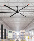 Mighty Two Hundred Forty Inch Industrial Ceiling Fan Featuring Quiet Dc Motor And Six Aluminum Blades in a warehouse setting.