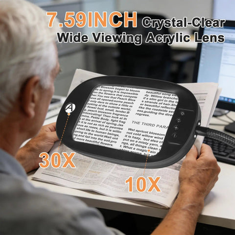 Man reading newspaper with Upgraded 30X And 10X Floor Magnifying Glass With Light And Stand Hands Free 3 In 1 Magnifying Lamp