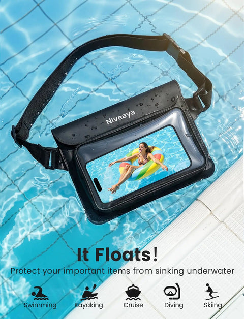 Triple Seal IPX8 Waterproof Fanny Pack with Touch Screen Dry Bag floating in pool, showcasing phone screen, adjustable strap visible.