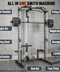 All In One Adjustable Smith Machine With Lat Pulldown System Multi Function Power Cage For Home Gym Cable Crossover Squat Rack Training Equipment With Attachments featuring weight bar and pulley system