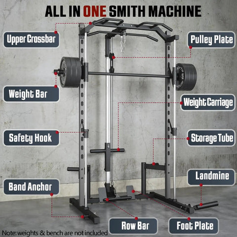 All In One Adjustable Smith Machine With Lat Pulldown System Multi Function Power Cage For Home Gym Cable Crossover Squat Rack Training Equipment With Attachments featuring weight bar and pulley system