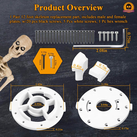 Product components of a 12 Foot Giant Skeleton Replacement Parts Kit with hex wrench, screws, and arm plates.