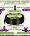 Drip Irrigation Tubing Kit With 1000 Ft Drip Tape Five Eighth Inch Outer Diameter 8 Mil Thick Six Inch Spacing Includes Tape End Plugs And Connectors For Garden Landscape Lawn And Farm Irrigation System shown with accessories
