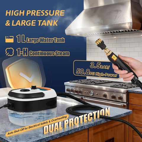 Supercharged 2500W Handheld Steam Cleaner With Three Heads And One Liter Tank Fires Up In Twenty Seconds On countertop.