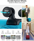 Close-up of 360-degree wheels and two people with Underseat Carry On Luggage With Wheels 16 Inch Softside Suitcase in Caribbean Blue.