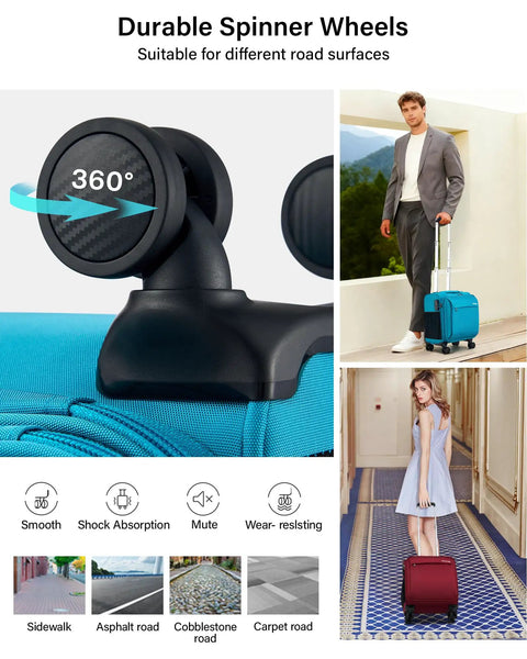 Close-up of 360-degree wheels and two people with Underseat Carry On Luggage With Wheels 16 Inch Softside Suitcase in Caribbean Blue.