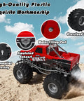 Red RC Monster Truck With Realistic Water Based Spray Mist 2.4GHz Remote Upright 360 Rotate 4WD All Terrain Off Road Toy Car 70 Minute Runtime Ideal Gift For Kids Aged 8 To 12 with oversized tires, high-quality plastic, in a sandy terrain setting