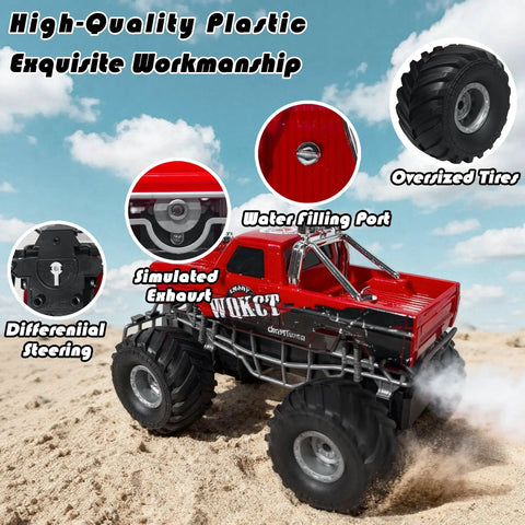 Red RC Monster Truck With Realistic Water Based Spray Mist 2.4GHz Remote Upright 360 Rotate 4WD All Terrain Off Road Toy Car 70 Minute Runtime Ideal Gift For Kids Aged 8 To 12 with oversized tires, high-quality plastic, in a sandy terrain setting