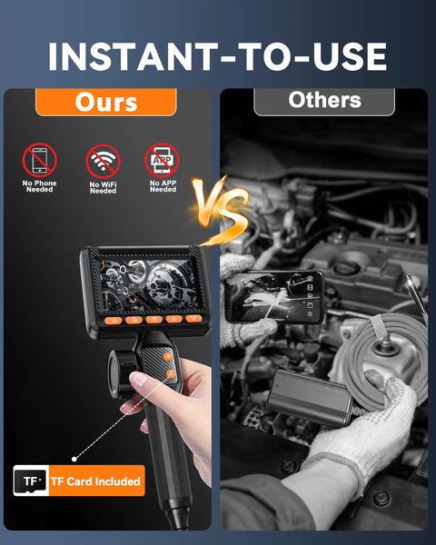 Ultra Slim 0.24 Inch Borescope With 210 Degree Dual Lens, 1080P Endoscope Camera, Built In Light, IP67 Waterproof 5FT Snake Inspection Cam For Automotive Engine And Industrial Use, TF Card Included showing handheld screen and engine inspection