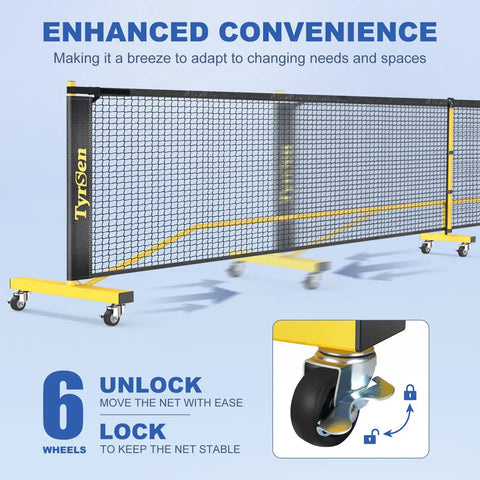 All In One Pickleball Net Set On Wheels For Driveway Or Backyard With 22 Foot Regular Size includes wheeled base close-up.