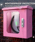 Heavy Duty Galvanized Steel EV Charger Protection Housing Box With Sloped Rain Hood And Secure Combo Lock For All Weather Outdoor Charging Stations, pink and waterproof.