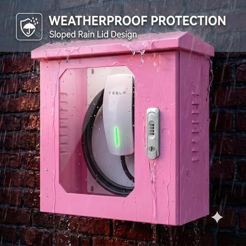 Heavy Duty Galvanized Steel EV Charger Protection Housing Box With Sloped Rain Hood And Secure Combo Lock For All Weather Outdoor Charging Stations, pink and waterproof.