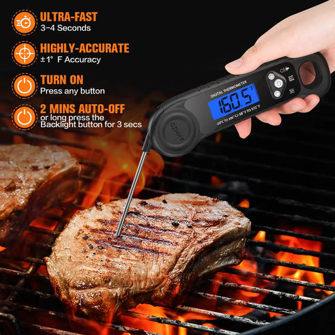 Ultra Fast Digital Meat Thermometer For Cooking Grilling Baking Frying And Candy Making Instant Read In Seconds Dead On Accurate To 2 Degrees Fahrenheit Or Celsius Perfect Kitchen Gadget Gift For Men Women Dad Mom measuring grilled steak temperature