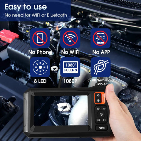 Dual Lens Endoscope 1080P Borescope With 32.8ft Cable And 4.3Inch LCD Screen displaying easy use for auto diagnostics