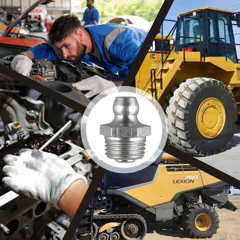 20 Piece M10 Straight Hydraulic Grease Fitting Kit With Zerk Fittings And Nipple Nozzles, 10mm By 1mm Male Thread, shown with machinery