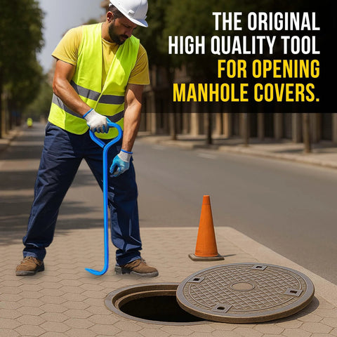 Manhole cover hook tool, blue 30-inch alloy steel, single hook for lifting covers
