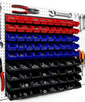 Wall Mounted Garage Storage Bin Kit 94 Piece Organization System With 32 Large Black Bins 30 Small Blue Bins 20 Small Red Bins